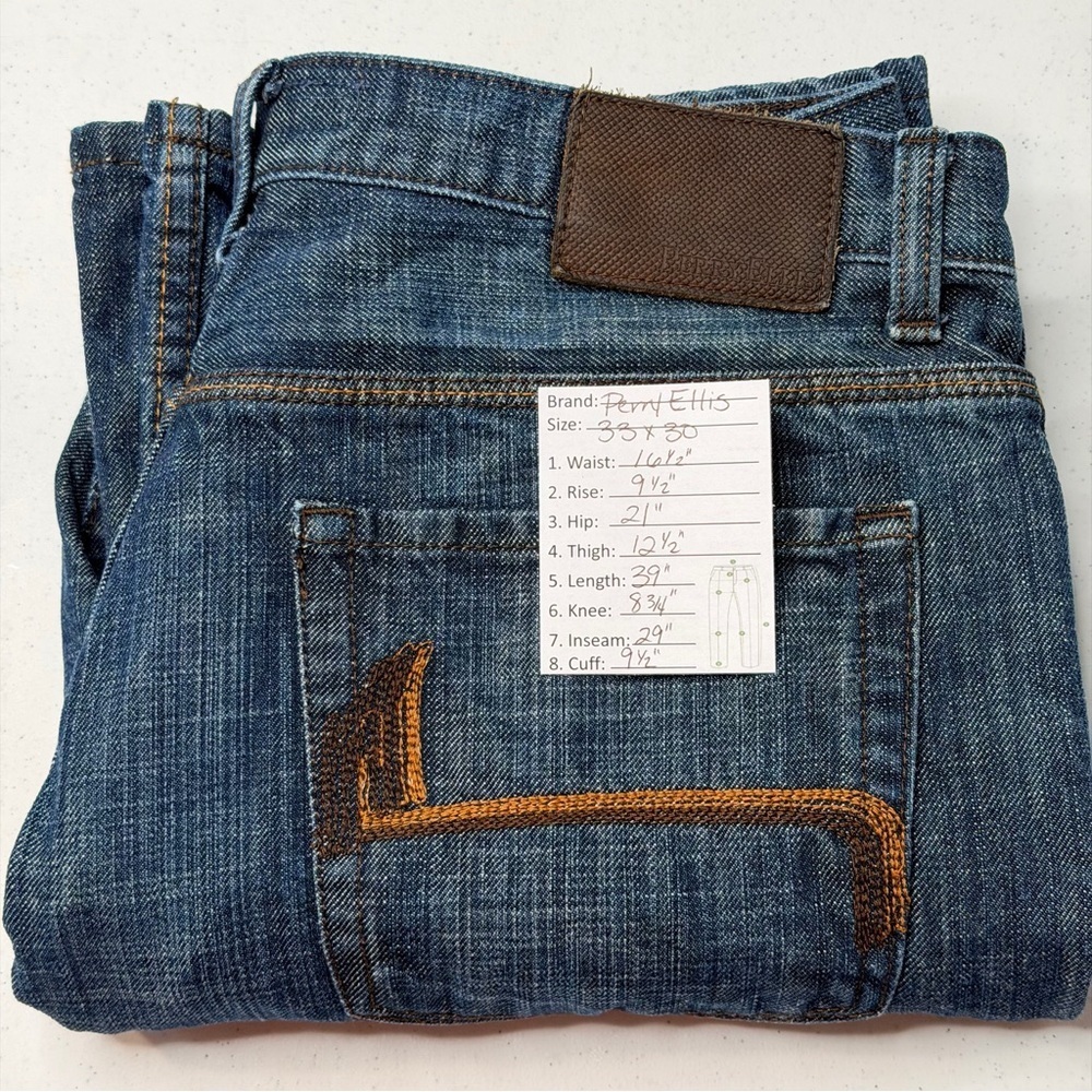 Perry Ellis Premium Denim Button Fly Jeans Mens 33x30 Blue Indigo Straight - Picture 14 of 14